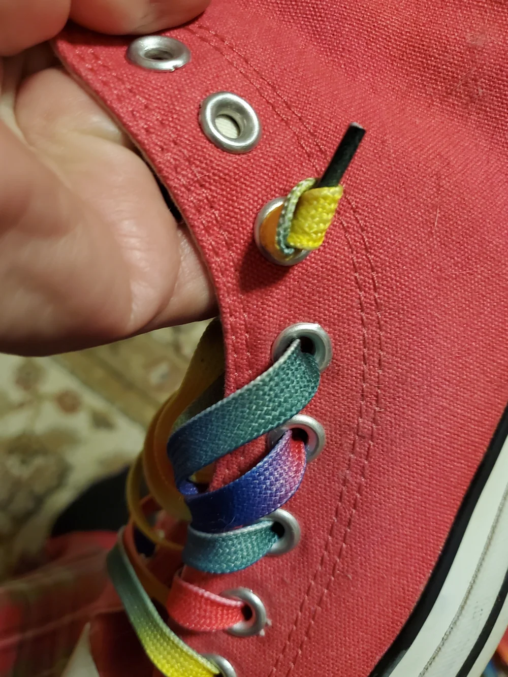 Converse Chuck Taylor High Top Sneakers - Red Canvas with Rainbow Laces Unisex - Picture 3 of 13